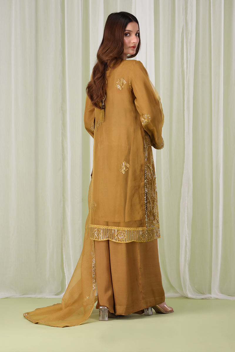 Sanawa amber Pakistani dress with amber embroidery, pearl and chain work, back full lenght view with dupatta – formal festive wear for women