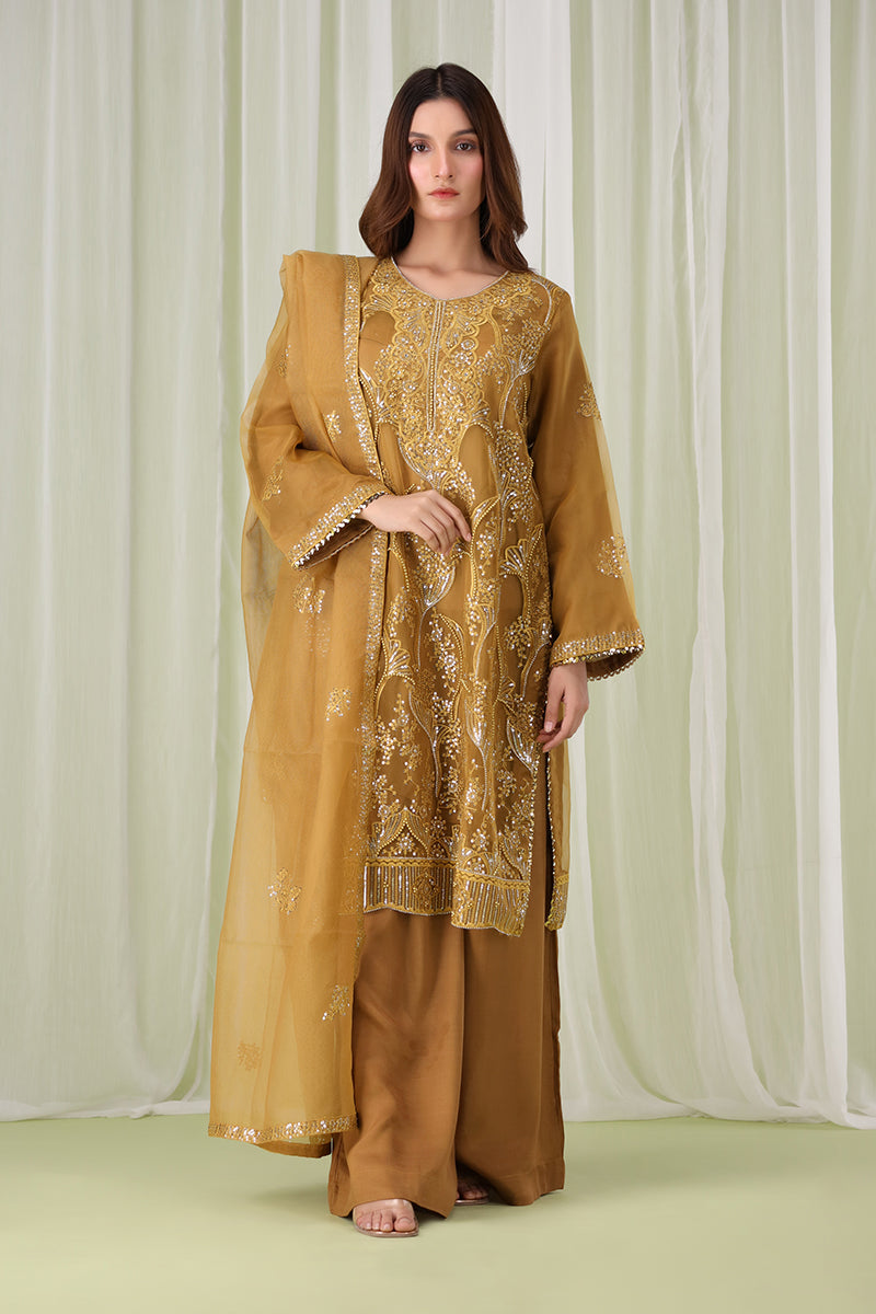 Sanawa amber Pakistani dress with amber embroidery, pearl and chain work, front full lenght view with dupatta – formal festive wear for women