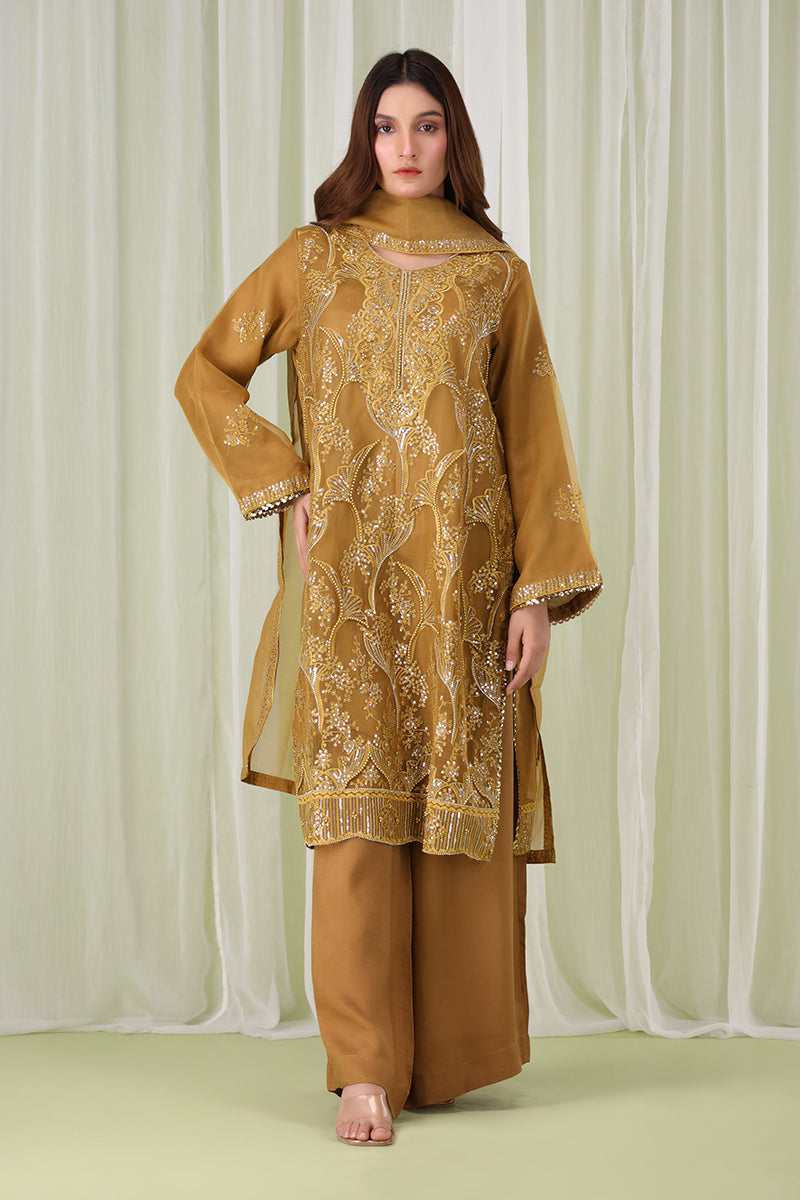 Sanawa amber Pakistani dress with amber embroidery, pearl and chain work, front full lenght view with dupatta – formal festive wear for women