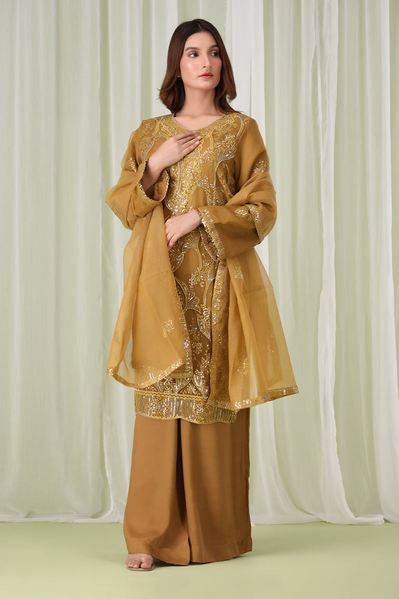 Sanawa amber Pakistani dress with amber embroidery, pearl and chain work, front full lenght view with dupatta – formal festive wear for women