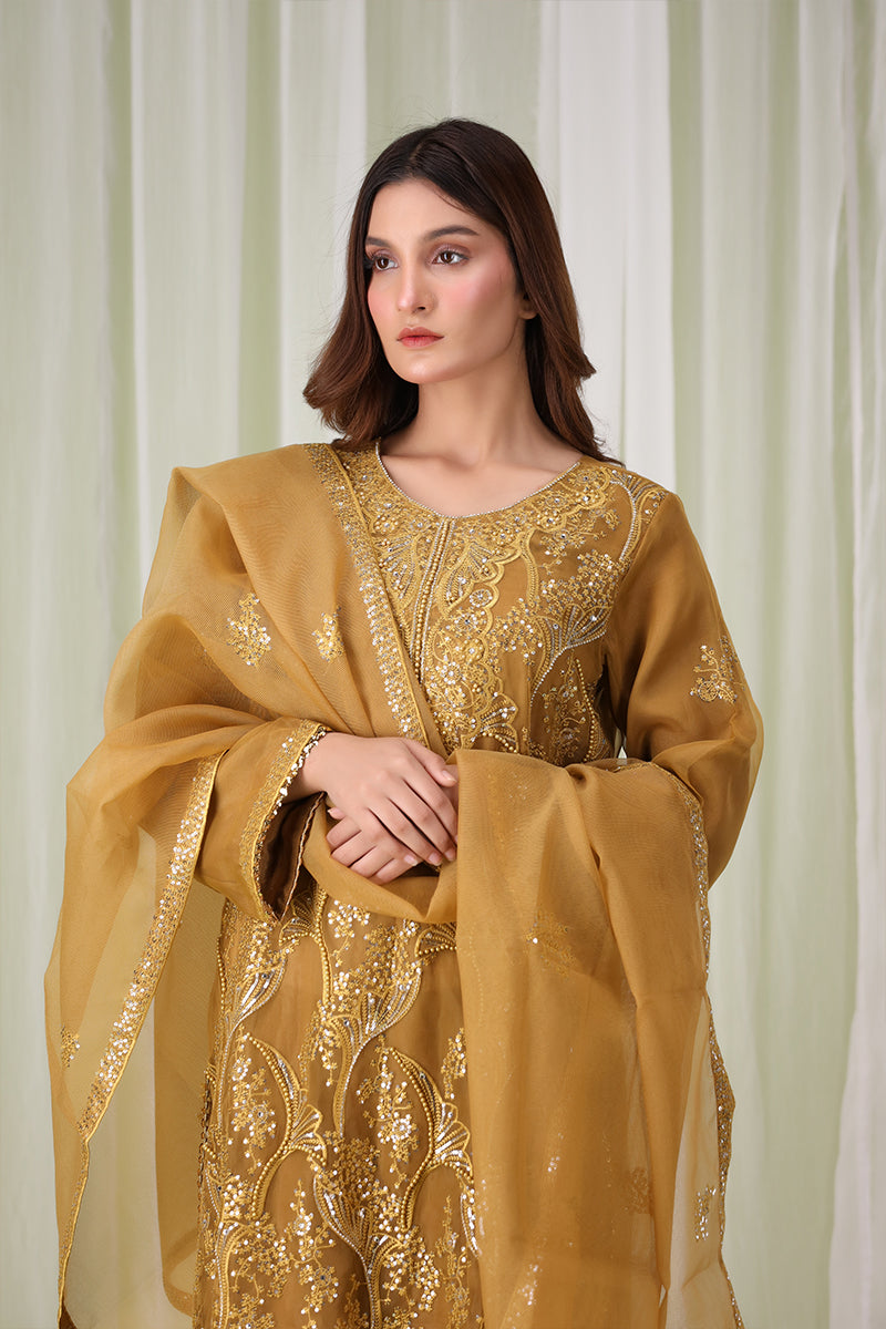 Sanawa amber Pakistani dress with amber embroidery, pearl and chain work, front view with dupatta – formal festive wear for women