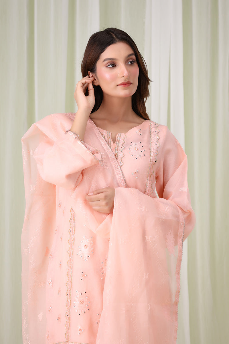 Sanawa Clothing’s peach embroidered shalwar kameez with matching dupatta, showcasing refined craftsmanship and timeless elegance.