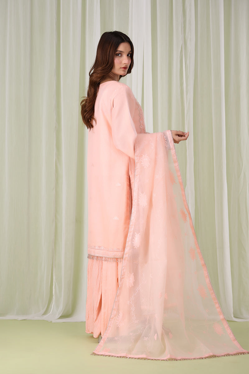 Sanawa Clothing’s peach embroidered shalwar kameez with matching dupatta, showcasing refined craftsmanship and timeless elegance.