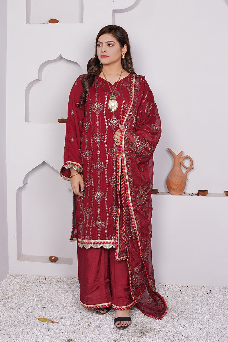 Sanawa maroon red Pakistani dress with gold embroidery, V-neckline, and embroidered dupatta – formal festive wear for women