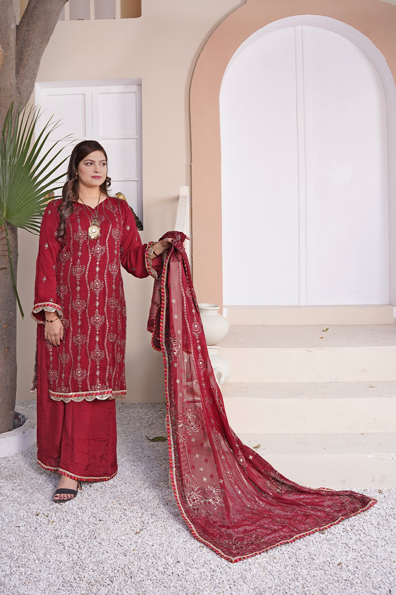 Sanawa maroon red Pakistani dress with gold embroidery, V-neckline, and embroidered dupatta – formal festive wear for women