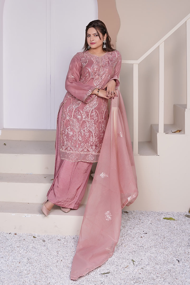 Sanawa tea pink Pakistani dress with pink embroidery, pearl and chain work, front view with dupatta – formal festive wear for women