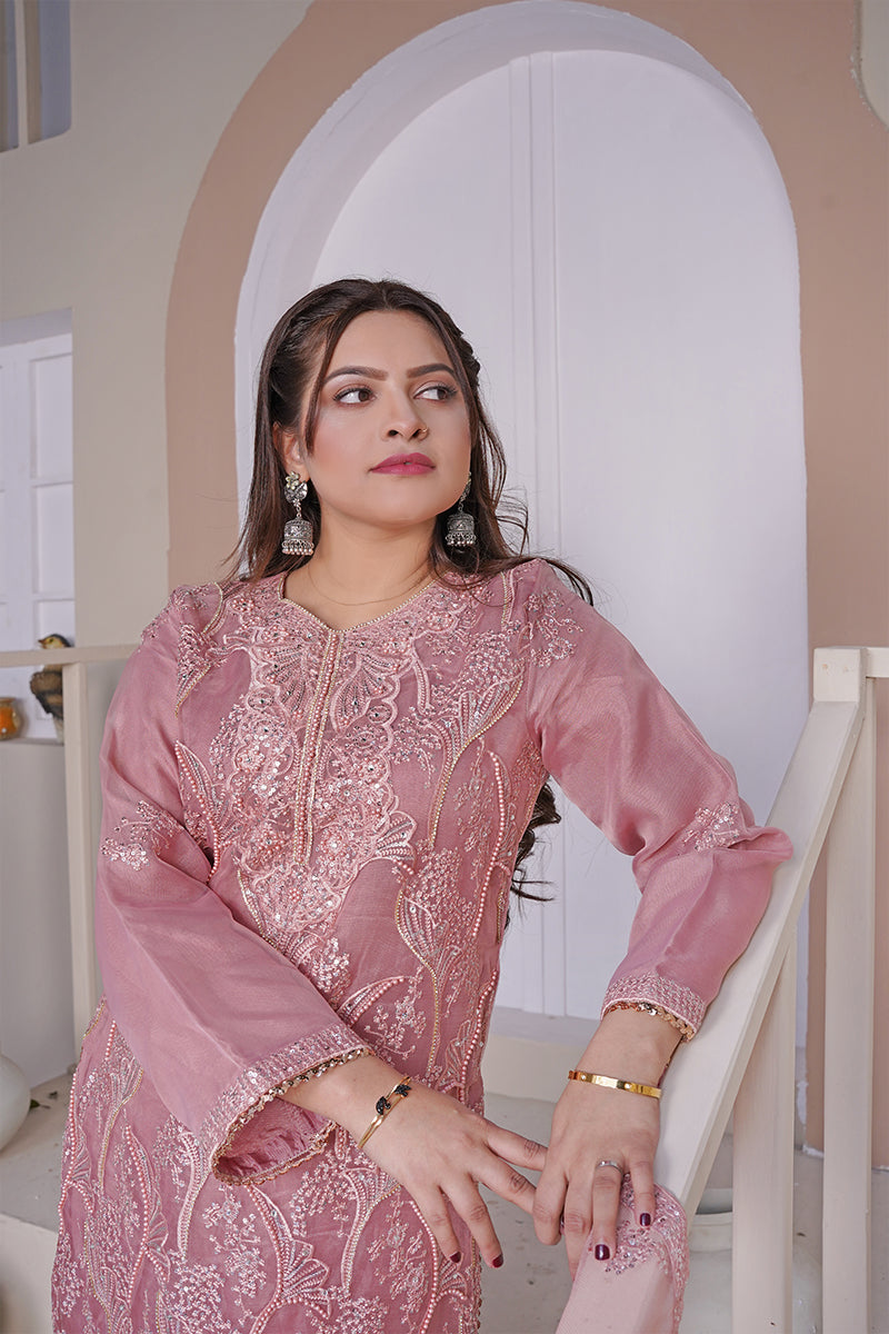 Sanawa tea pink Pakistani dress with pink embroidery, pearls work, and chain work front close up view – formal festive wear for women