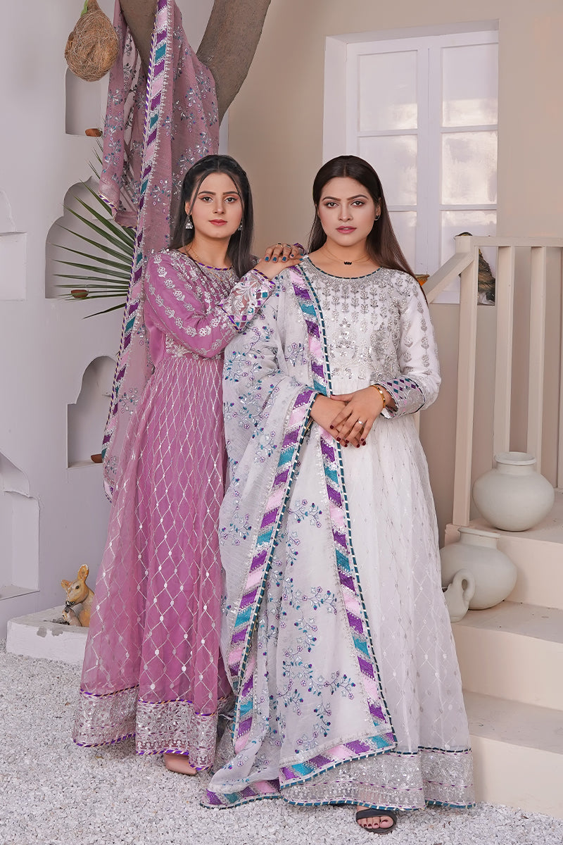 Sanawa purple and white embroidered Pakistani dress front view with dupatta – traditional festive collection