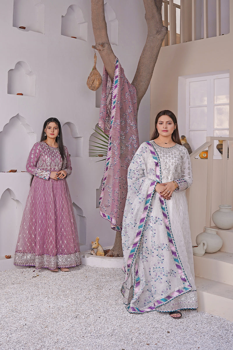 Pakistani festive dresses for women – purple embroidered outfit and white embroidered outfit with dupattas