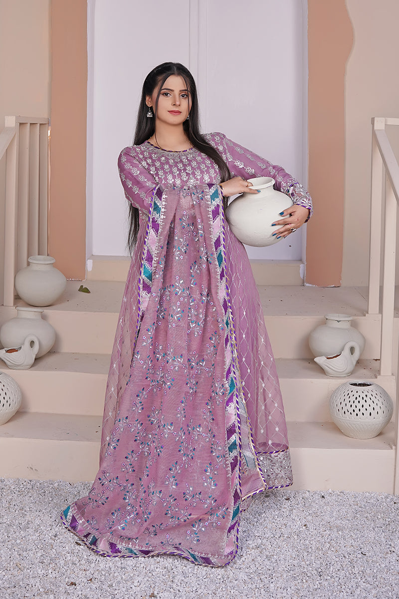 Sanawa purple embroidered Pakistani dress front view with dupatta – traditional festive collection
