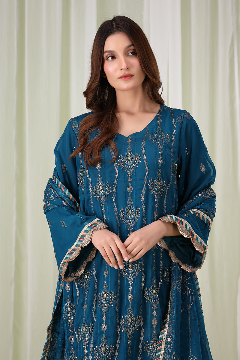 front view of Sanawa teal Pakistani dress with gold and silver thread embroidery, V-neckline, and embellished sleeves – festive outfit for women