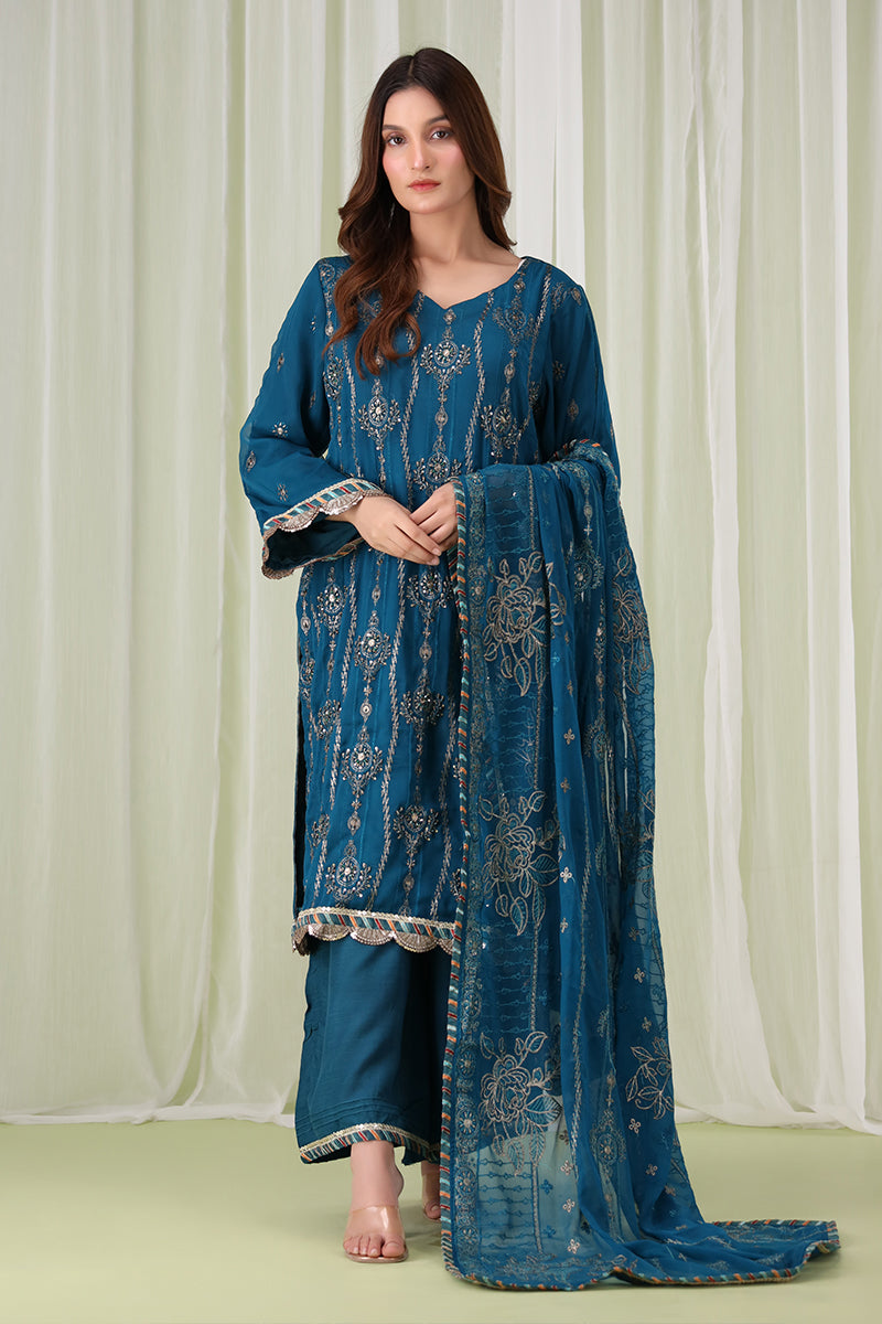 Sanawa teal blue Pakistani dress with gold embroidery, V-neckline, and embroidered dupatta – formal festive wear for women