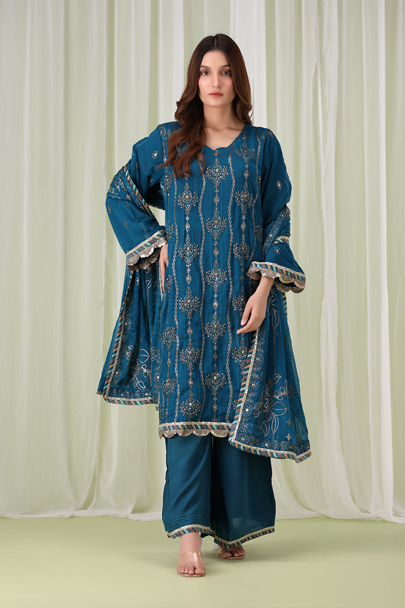 Sanawa teal blue Pakistani dress with gold embroidery, V-neckline, and embroidered dupatta – formal festive wear for women