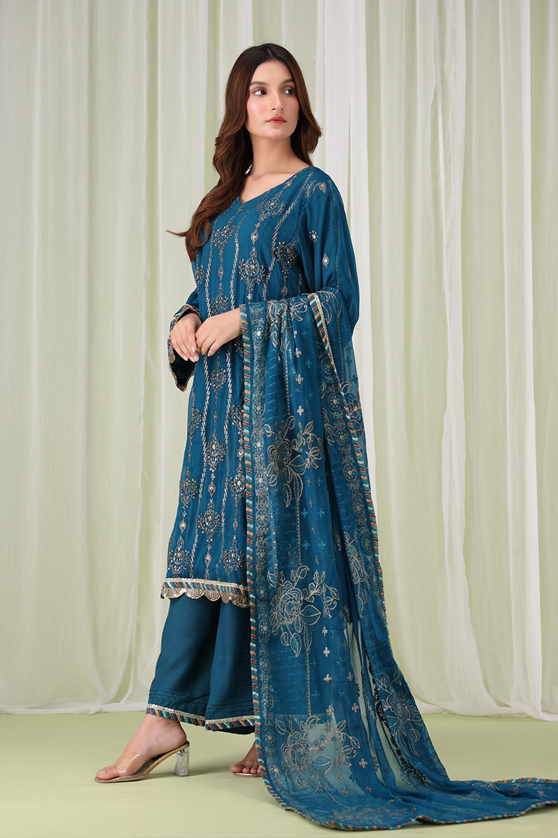 Sanawa teal blue Pakistani dress with gold embroidery, V-neckline, and embroidered dupatta – formal festive wear for women