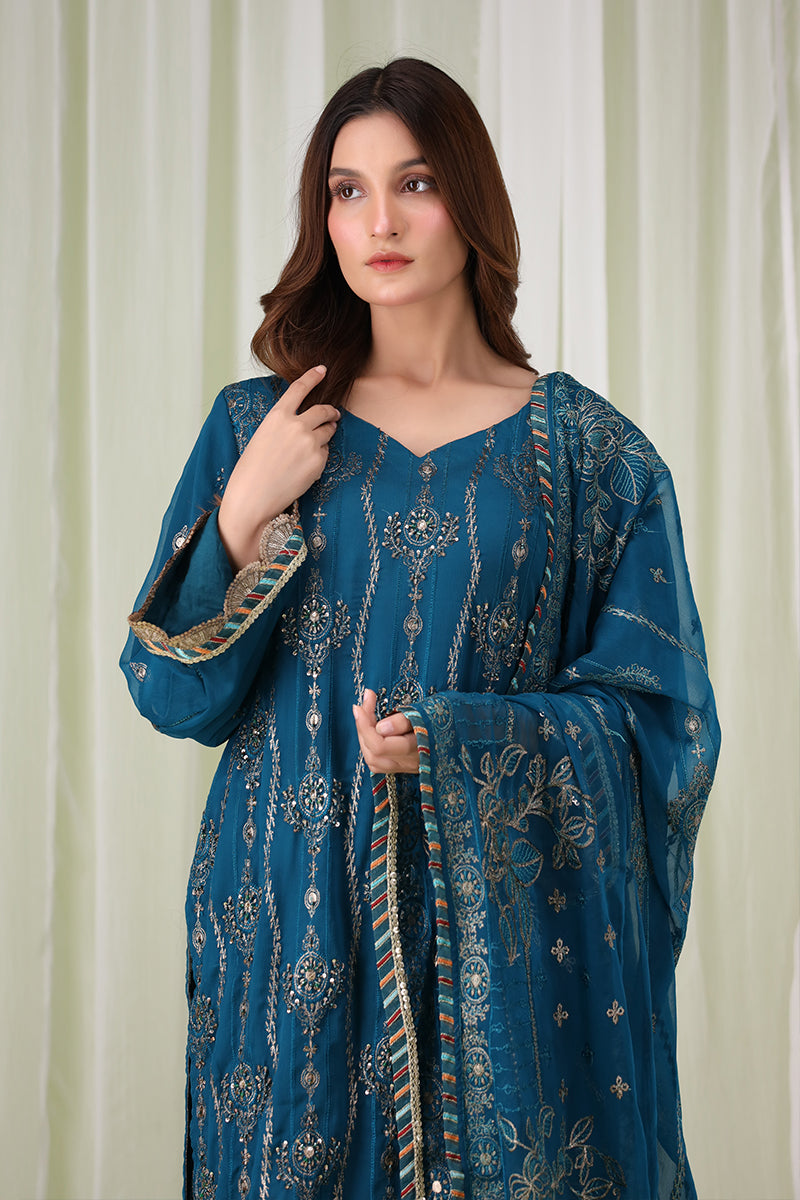 Sanawa teal blue Pakistani dress with gold embroidery, V-neckline, and embroidered dupatta – formal festive wear for women