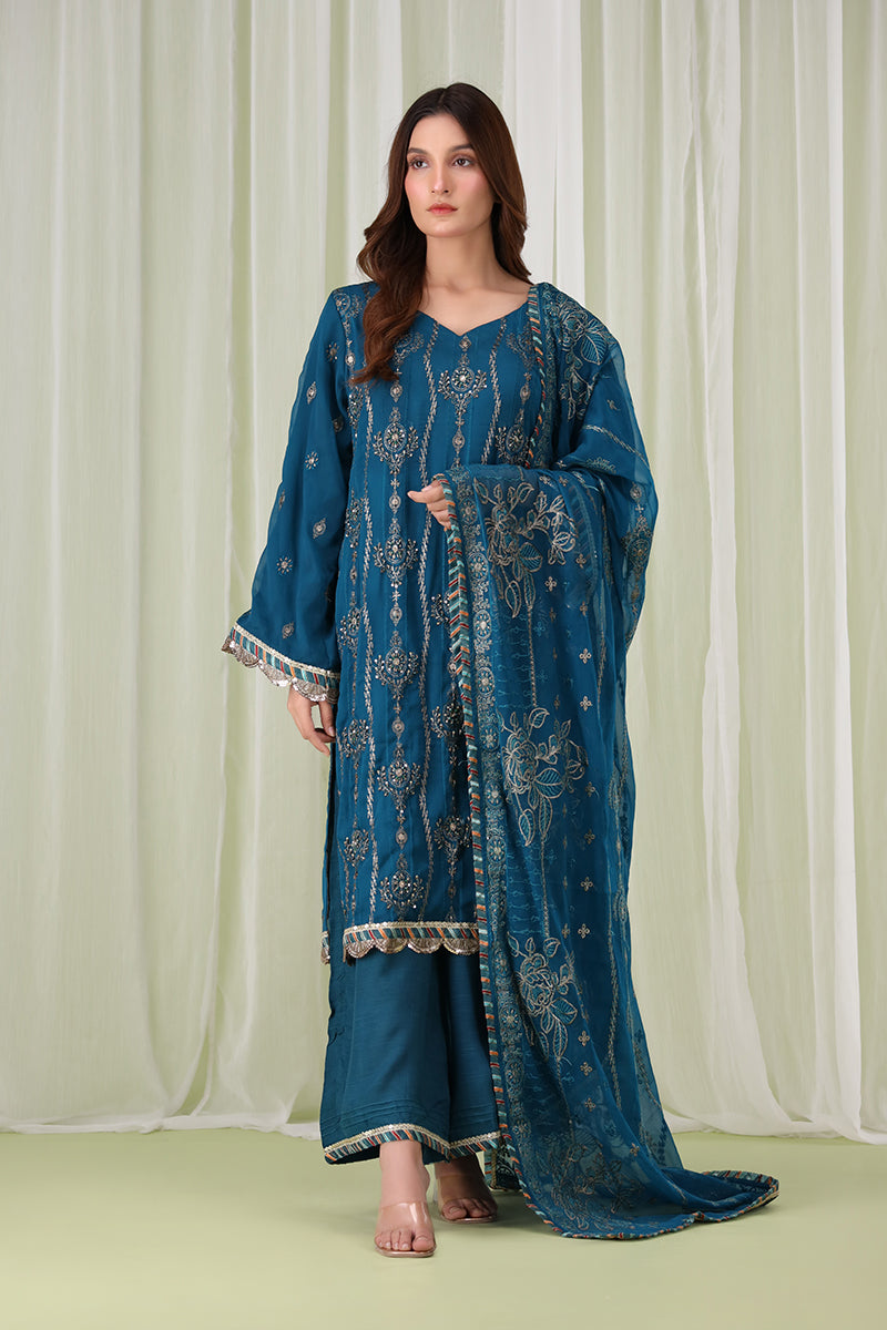 Sanawa teal blue Pakistani dress with gold embroidery, V-neckline, and embroidered dupatta – formal festive wear for women
