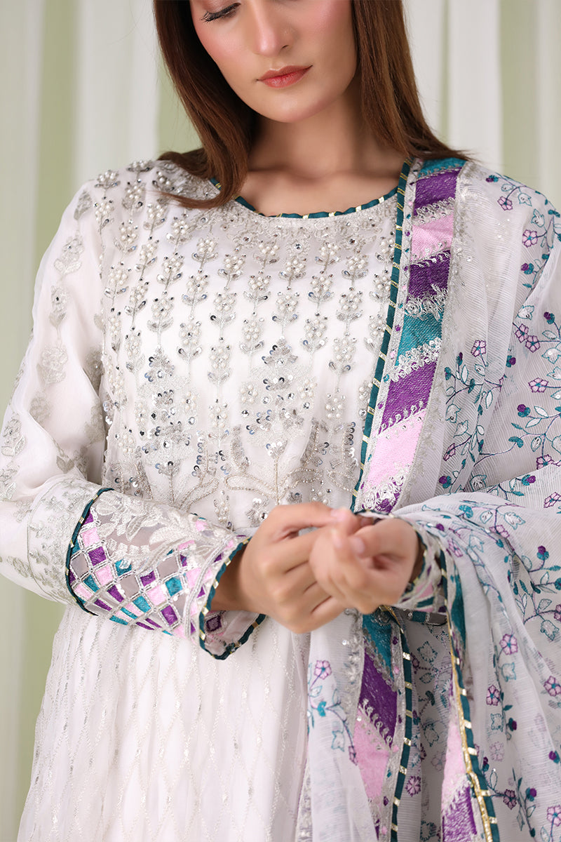 Sanawa white embroidered langa Pakistani dress front close up view with dupatta – Dani collection